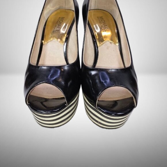 Michael Kors Black Leather Striped Peep Toe Platform Wedge Size: 7.5 - Picture 5 of 10